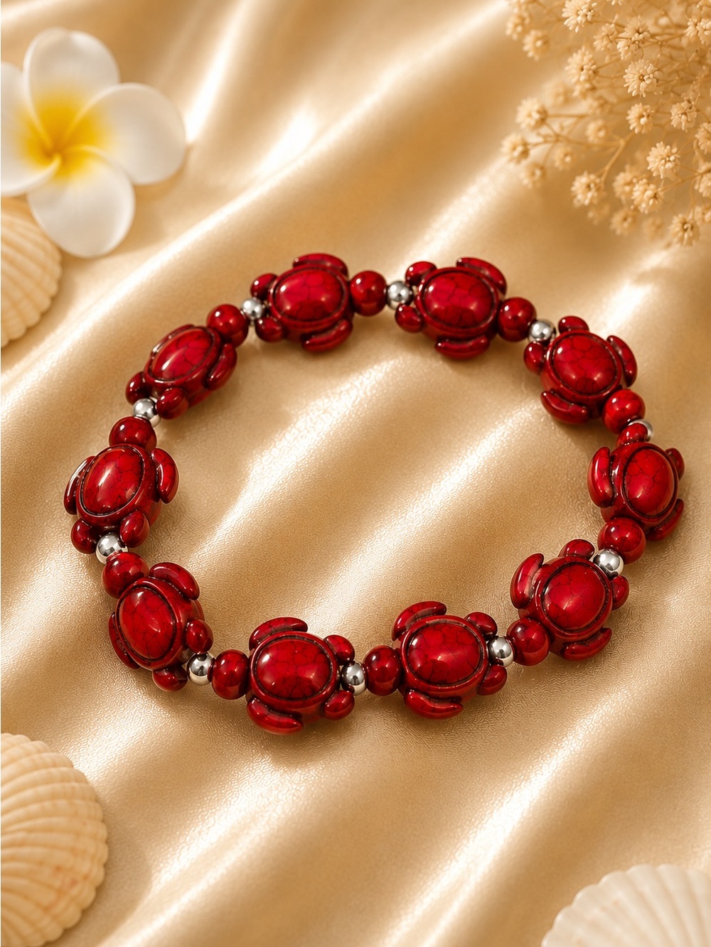 Red Turtle Bead Stretch Bracelet - Women Jewelry
